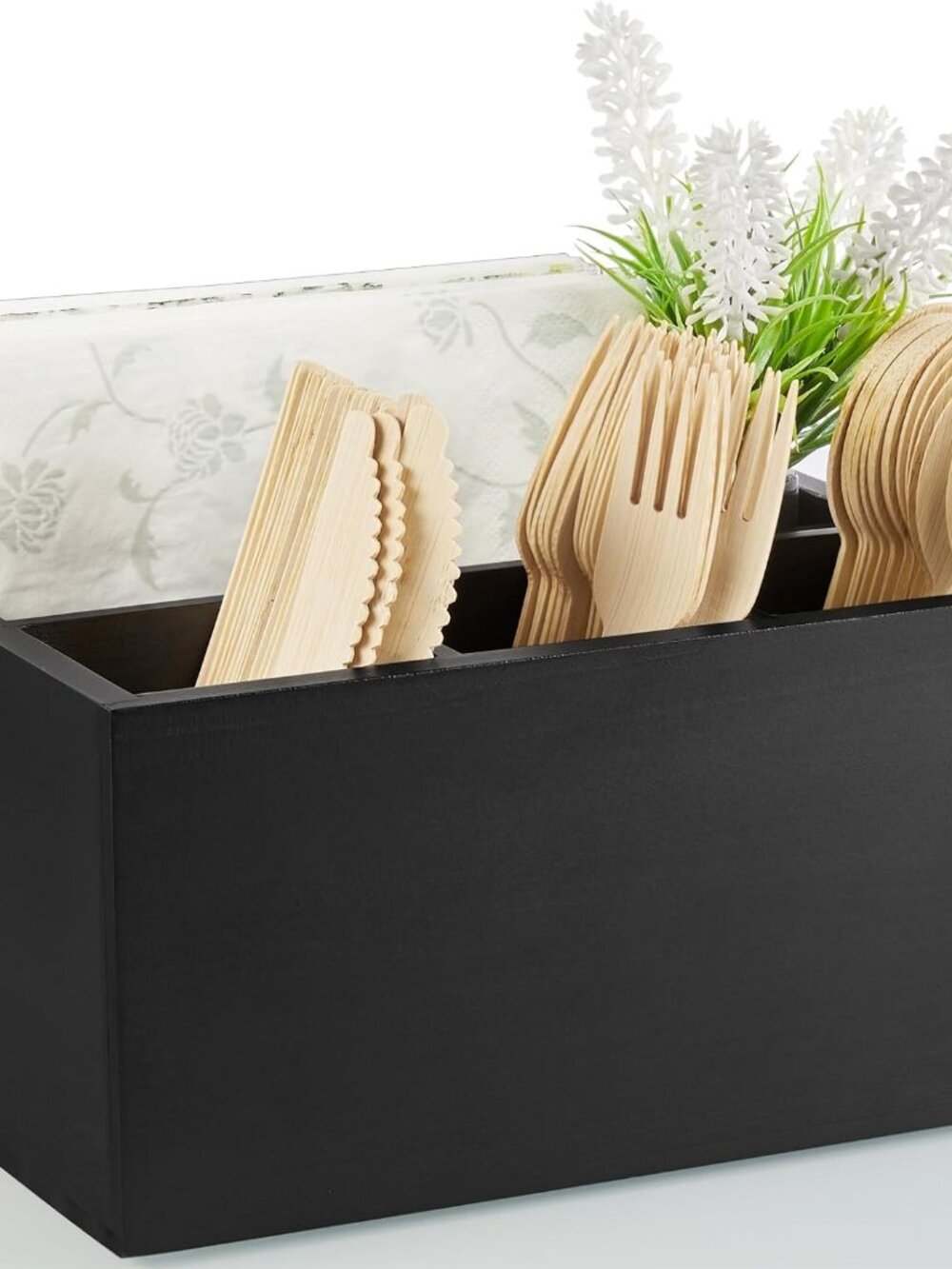 Silverware Caddy, Wooden Utensil Holder, Picnic Cutlery Holder, Black Silverware